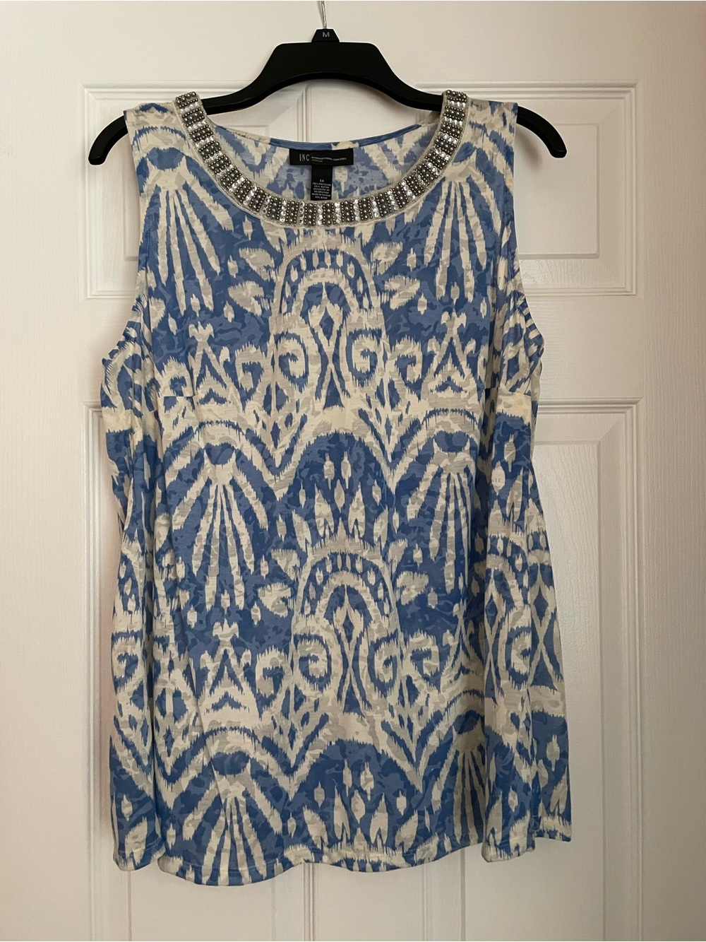 INC International Concepts Blue and Cream Ikat Beaded Neck Sleeveless Top